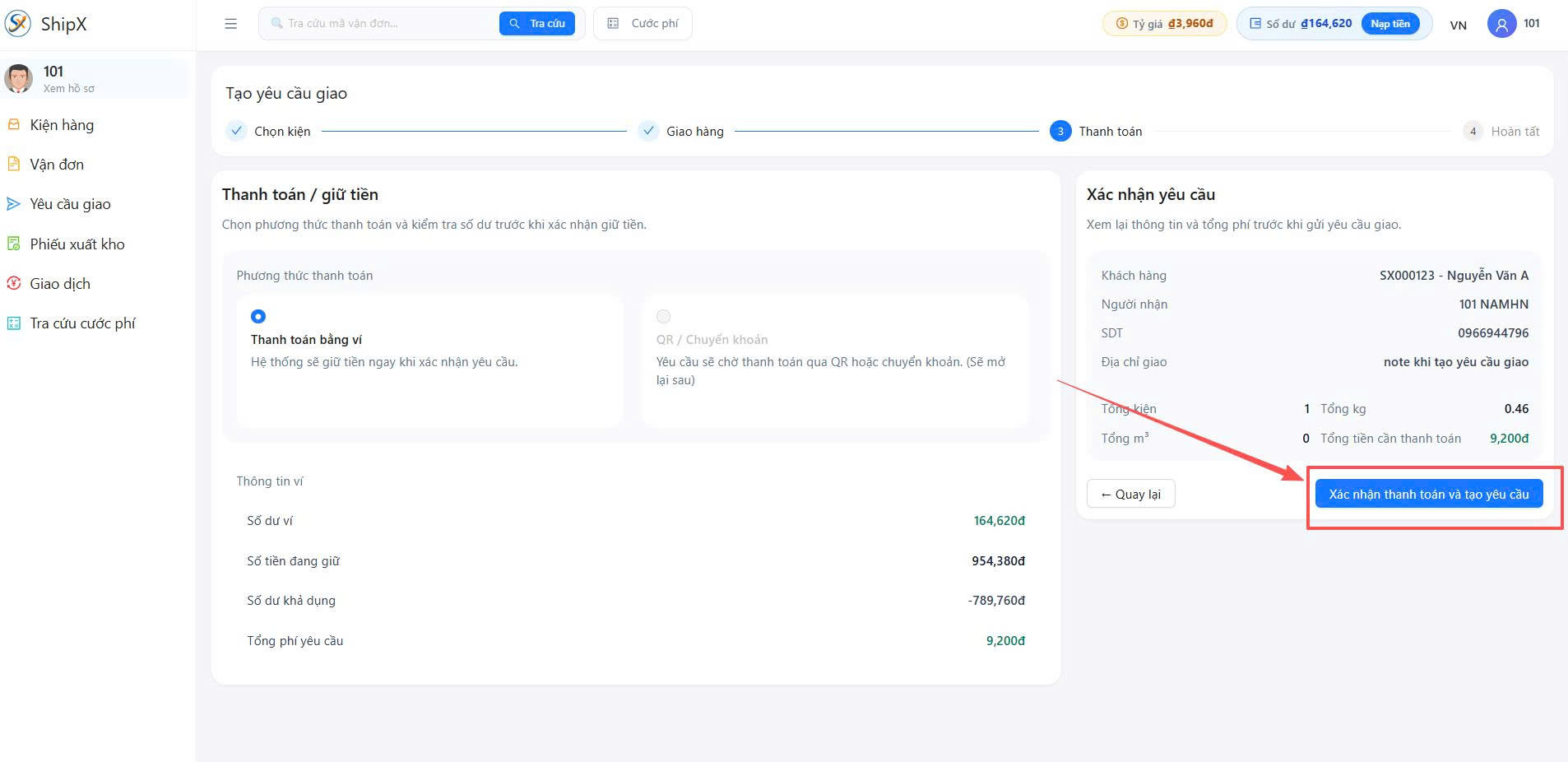 Thanh toán yêu cầu giao hàng ShipX