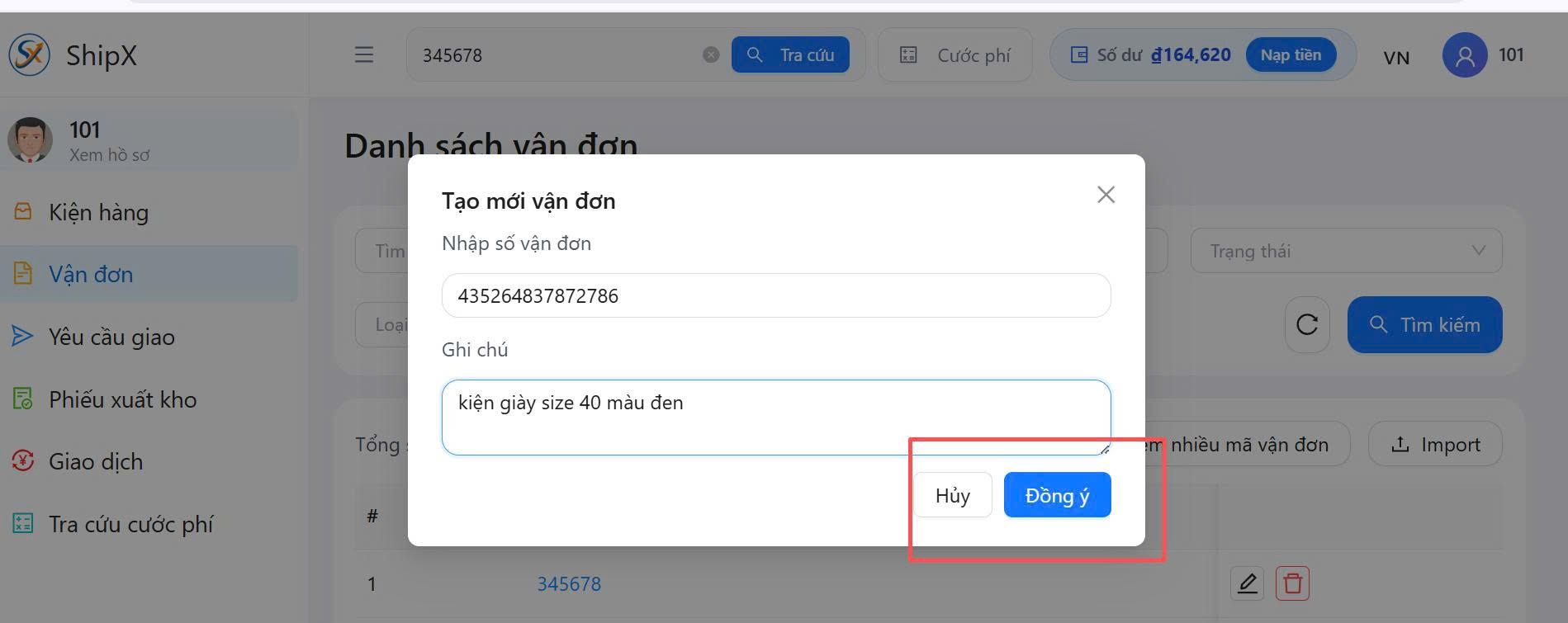 Thêm mã vận đơn ShipX